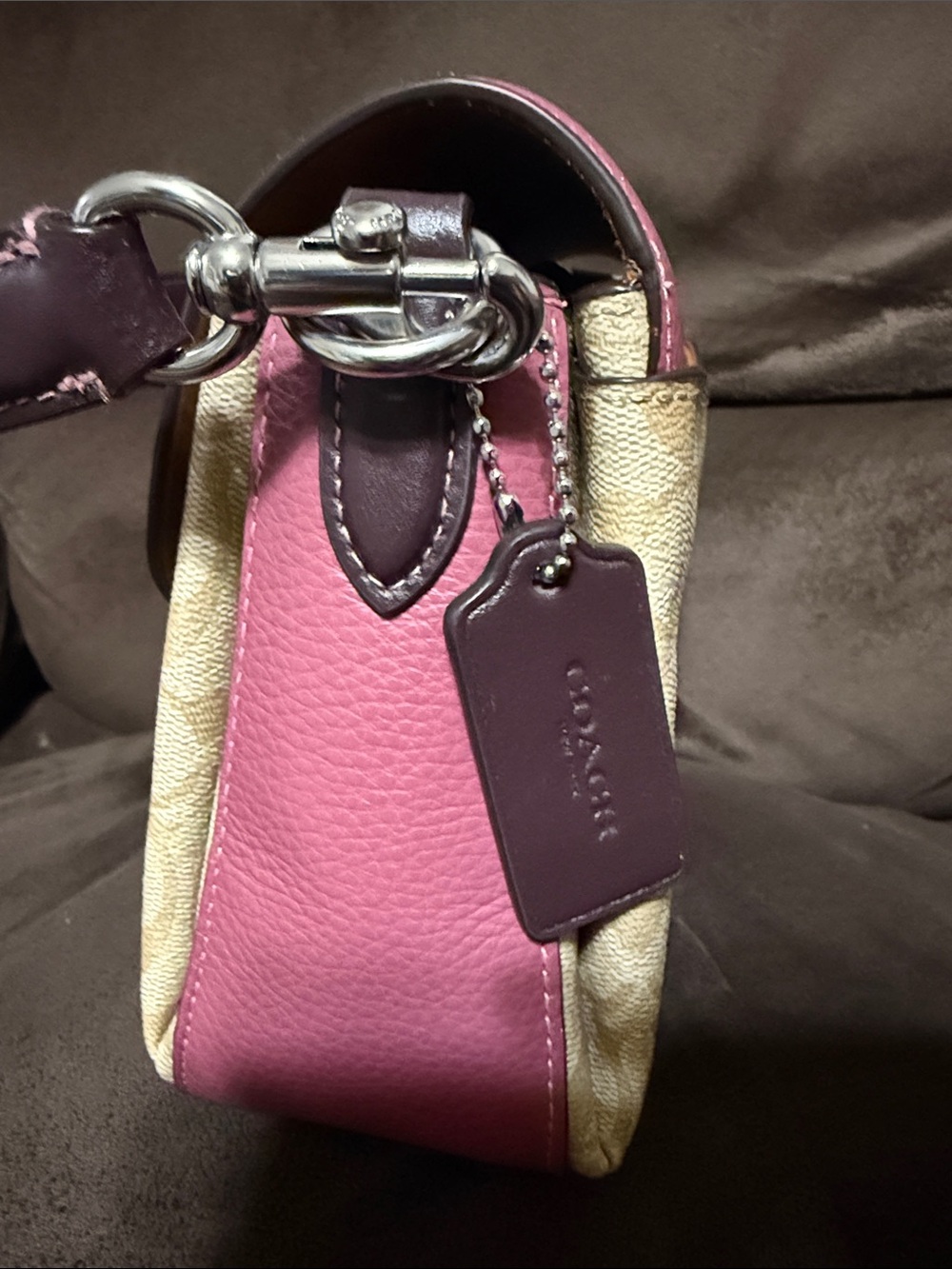 Coach Pink Leather Flap Signature Canvas Shoulder Bag with Brown Trim - Picture 2 of 6